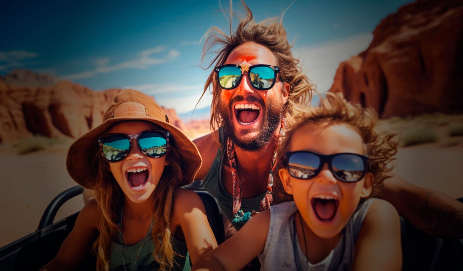 Tres personas con gafas de sol sonríen y posan enérgicamente al aire libre en un paisaje soleado y rocoso del desierto.