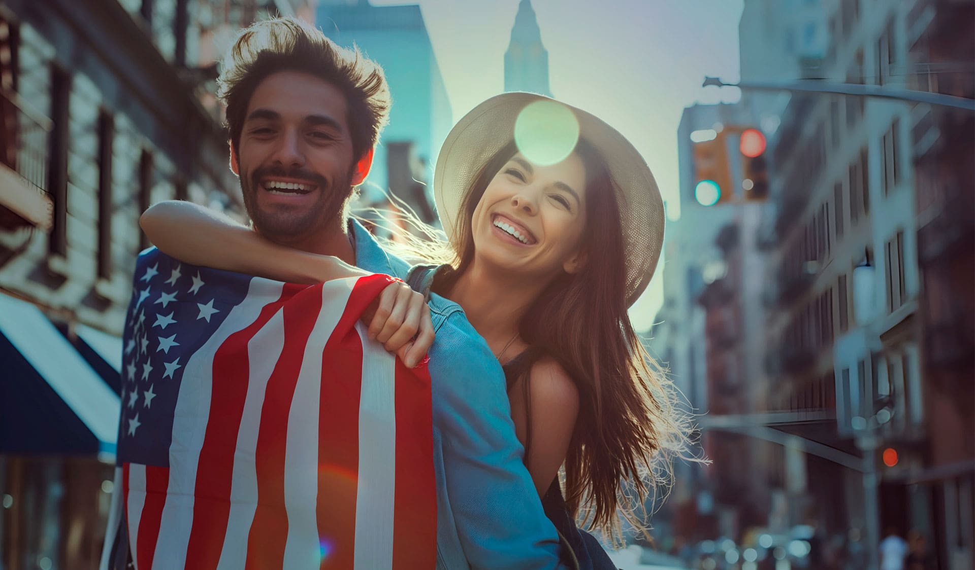 Una pareja sonriente de pie en una calle de la ciudad; la mujer va a caballito del hombre y sostiene una bandera estadounidense, con la luz del sol y altos edificios de fondo.