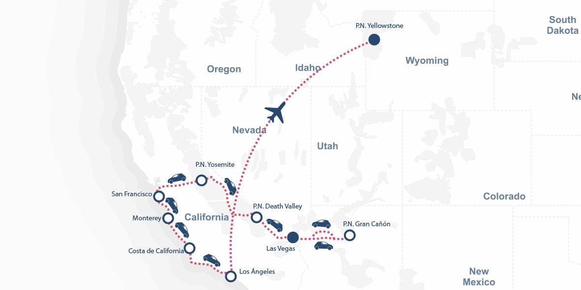 Mapa que muestra una ruta de viaje por el oeste de Estados Unidos, con paradas en California, Las Vegas, el Gran Cañón de Arizona y Wyoming, con vuelos y viajes en coche a los principales parques y ciudades.