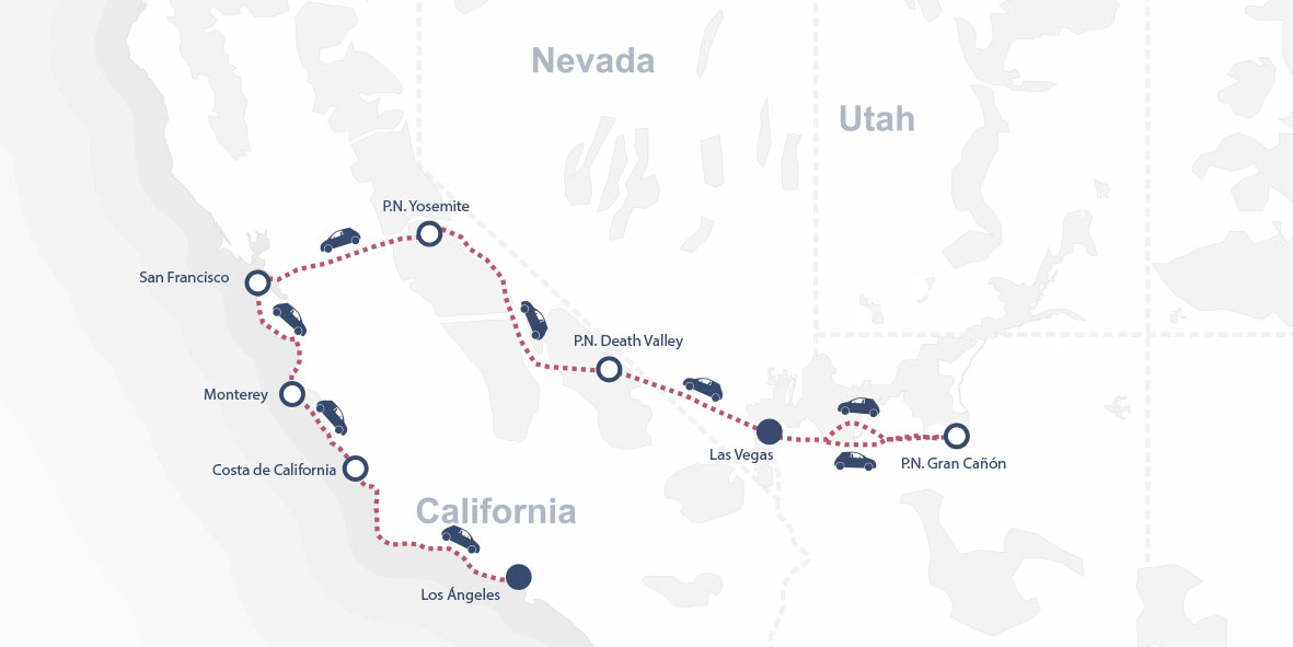 Mapa que muestra una ruta en coche desde Los Ángeles a través de California y Nevada, pasando por lugares como Yosemite, el Valle de la Muerte y el Gran Cañón, para terminar en Las Vegas.