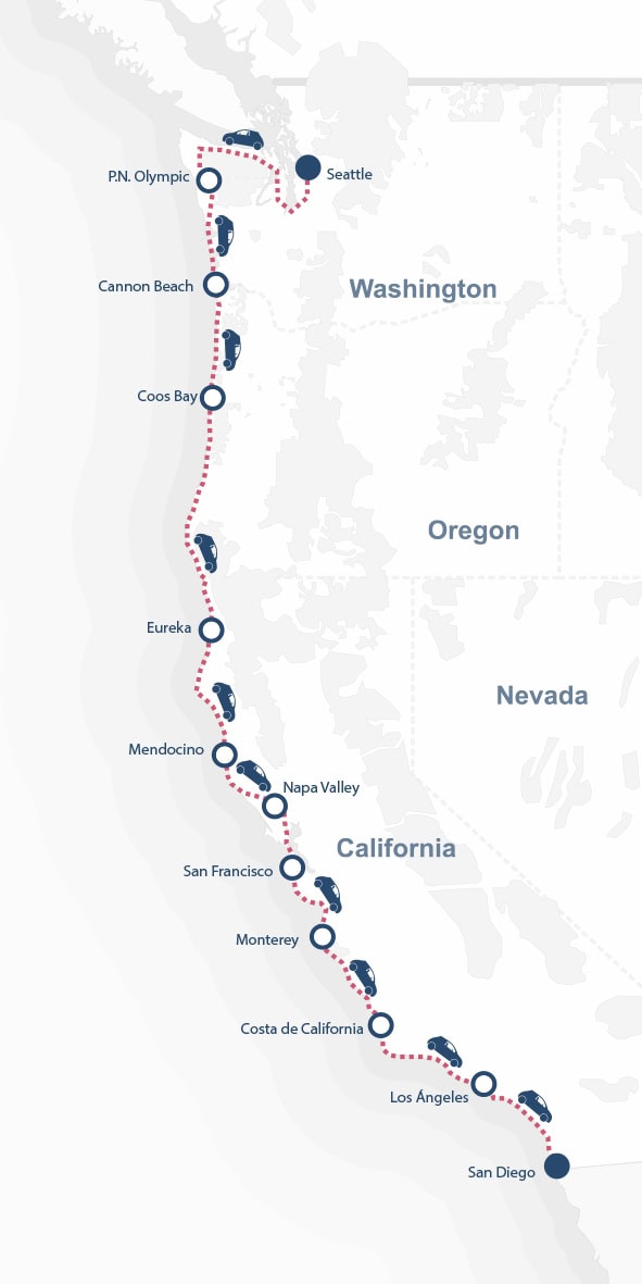 Un mapa muestra una ruta en coche por la Costa del Pacífico, desde San Diego hasta P.N. Olympic, con paradas en las principales ciudades y zonas costeras -incluida Seattle- de California, Oregón y Washington.