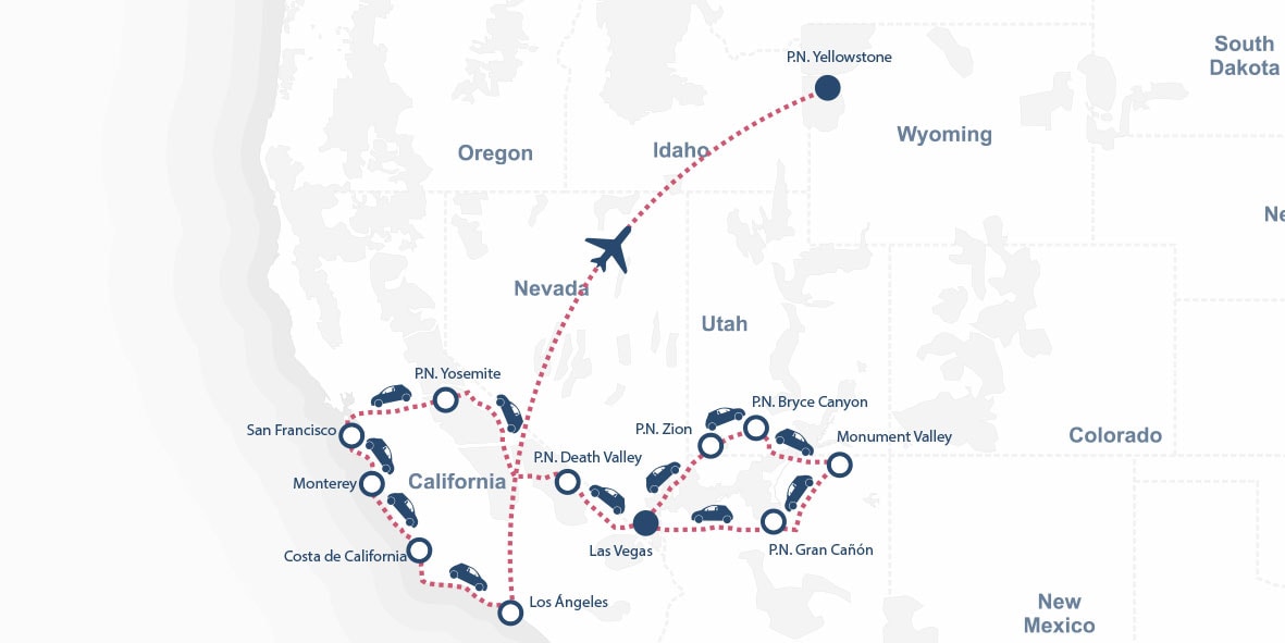 Mapa que muestra una ruta de viaje a lo largo de la Costa de California y a través de Parques Nacionales del Oeste -incluyendo Nevada, Utah, Arizona y Wyoming- con una ruta de vuelo a Yellowstone.