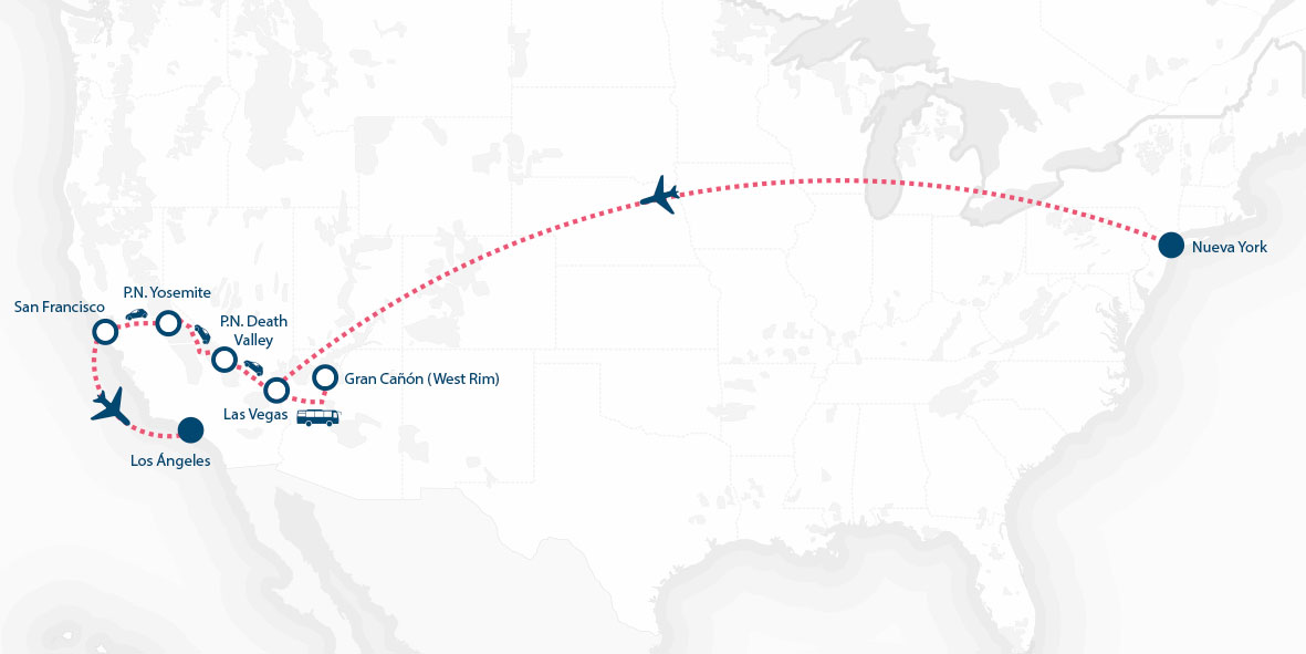 Ciudades del Oeste y PN de Yosemite con Nueva York