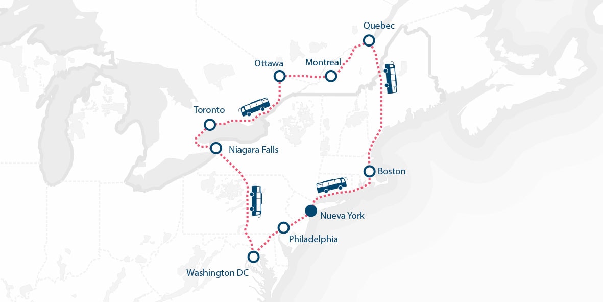 Un mapa detalla una ruta de viaje a lo largo de la Costa Este Canadá y Costa Este Estados Unidos, conectando ciudades en autobús y tren, incluyendo Quebec, Montreal, Ottawa, Toronto, Cataratas del Niágara, Washington DC, Filadelfia, Nueva York y Boston.