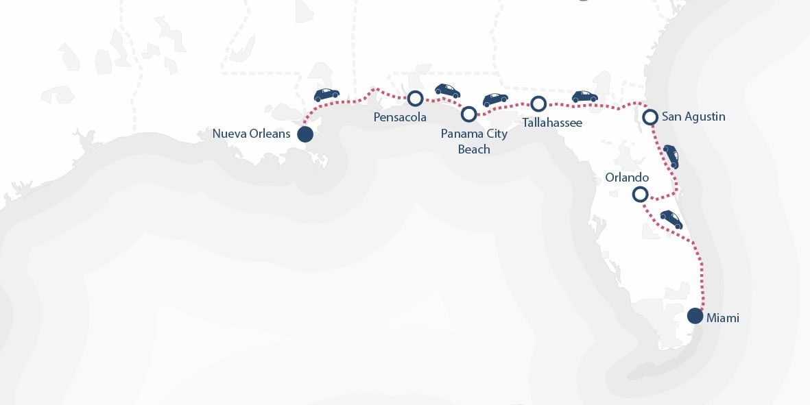 Un mapa de ruta de puntos muestra un viaje en autobús de Nueva Orleans a Miami, con paradas destacadas en Pensacola, Panama City Beach, Tallahassee, San Agustín y Orlando.