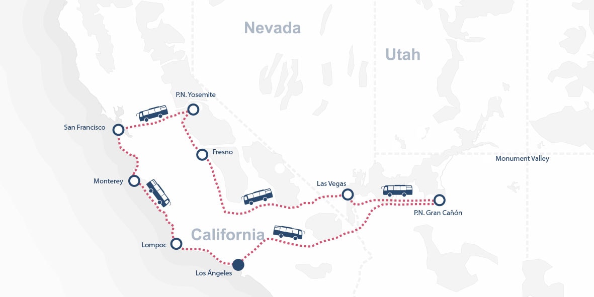 Un mapa de Fantasías del Oeste que muestra una ruta en autobús por California, Nevada y Utah, pasando por San Francisco, Yosemite, Fresno, Las Vegas, el Gran Cañón, Los Ángeles, Lompoc y Monterey.