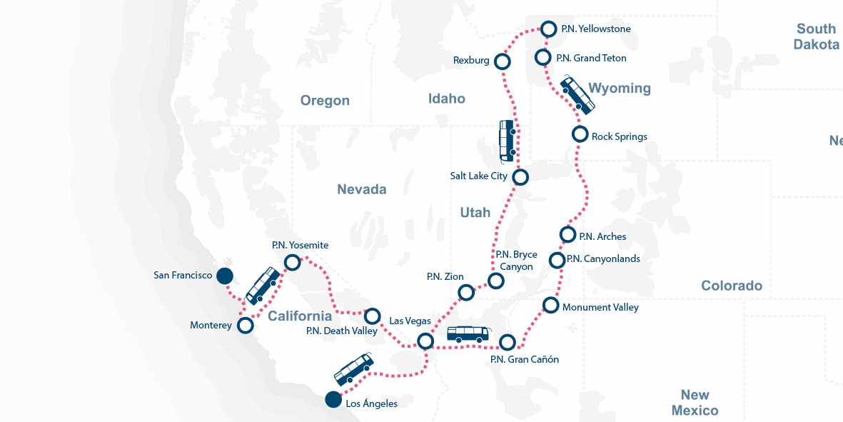 Mapa que muestra una ruta en autobús por los Parques Nacionales del Oeste, incluido el P.N. Yellowstone, con paradas en California, Nevada, Utah, Arizona y Wyoming y las ciudades y parques clave marcados a lo largo del camino.