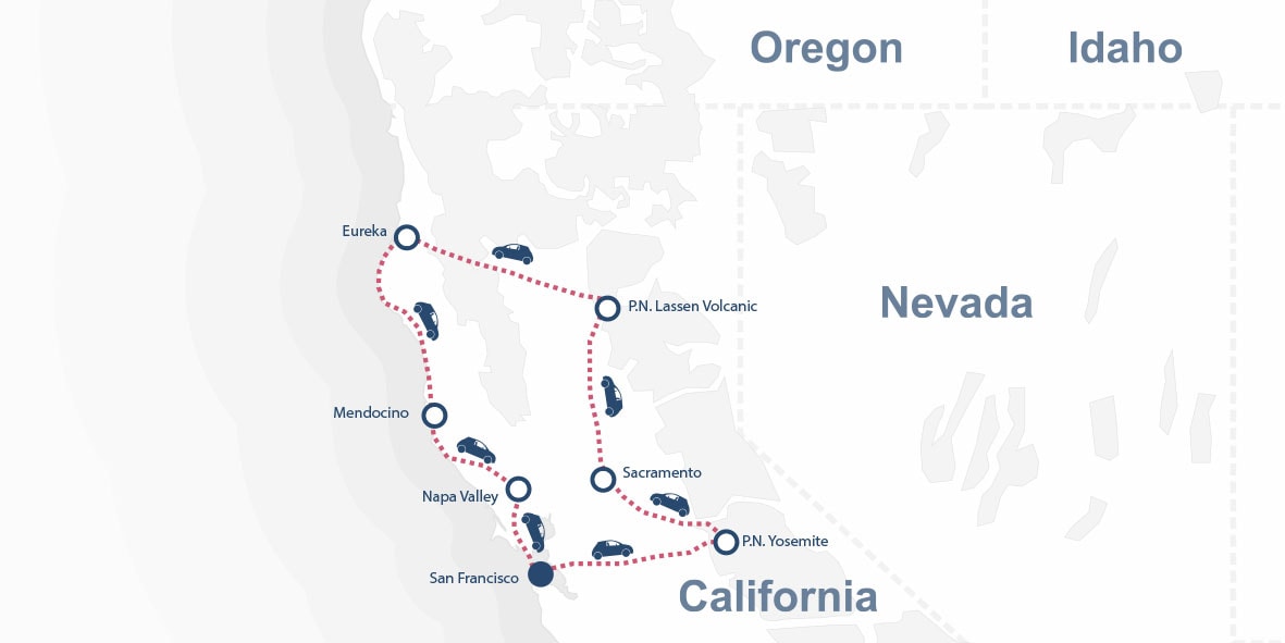 Una ruta de viaje punteada conecta San Francisco, el Valle de Napa, Mendocino, Eureka, Lassen Volcanic, Sacramento y Yosemite a lo largo de la pintoresca Costa Norte de California.