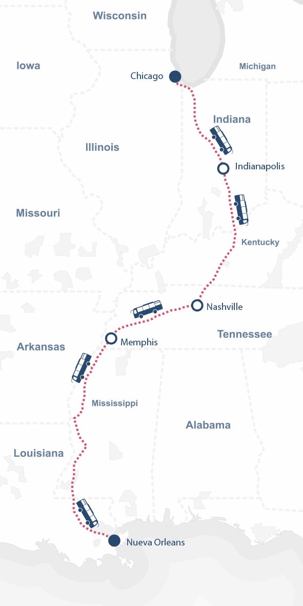 Un mapa muestra una ruta de viaje en autobús de Chicago a Nueva Orleans, pasando por Indianápolis, Nashville y Memphis por la famosa Ruta de la música, atravesando varios estados del centro de Estados Unidos.
