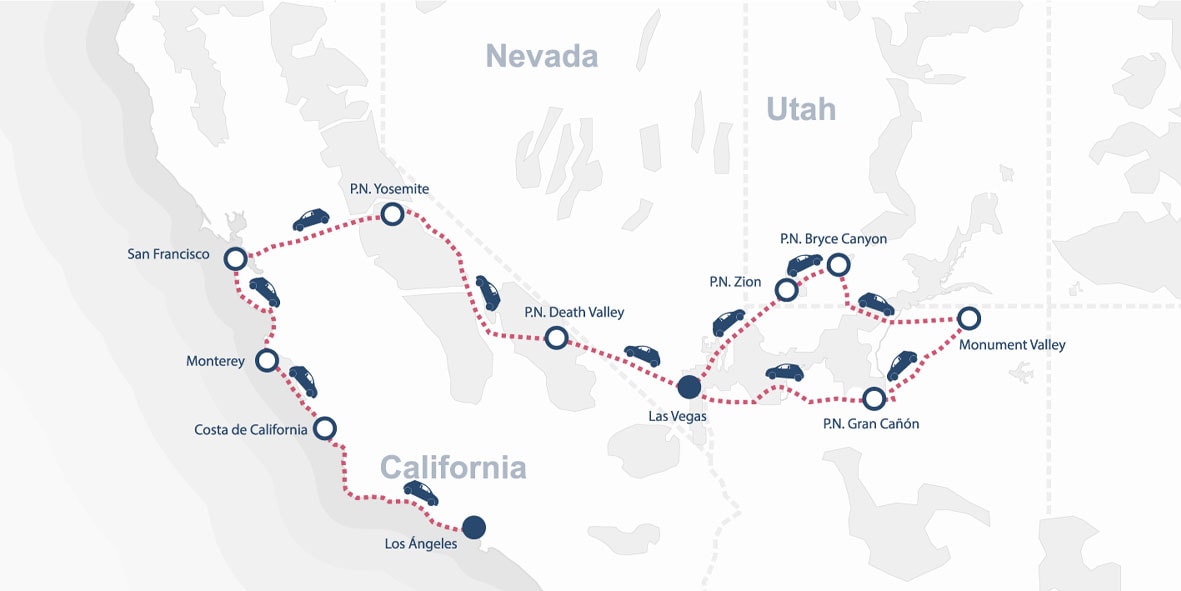 Un mapa muestra una ruta de viaje por el Oeste de California, Nevada, Utah y Arizona con paradas en grandes ciudades y Parques Nacionales, conectados por líneas punteadas y sólidas.